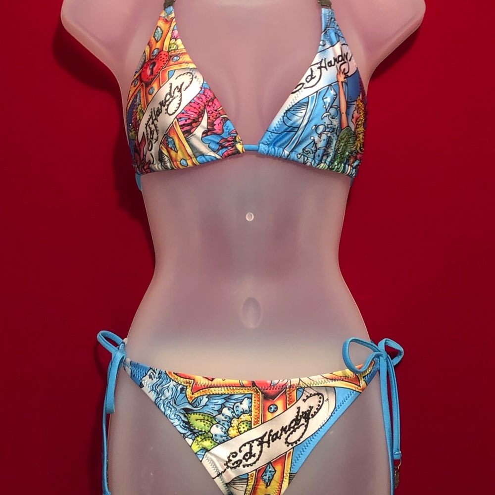 NWT Rare Ed Hardy Blue Cross Tattoo Crystals Bikini Swimsuit